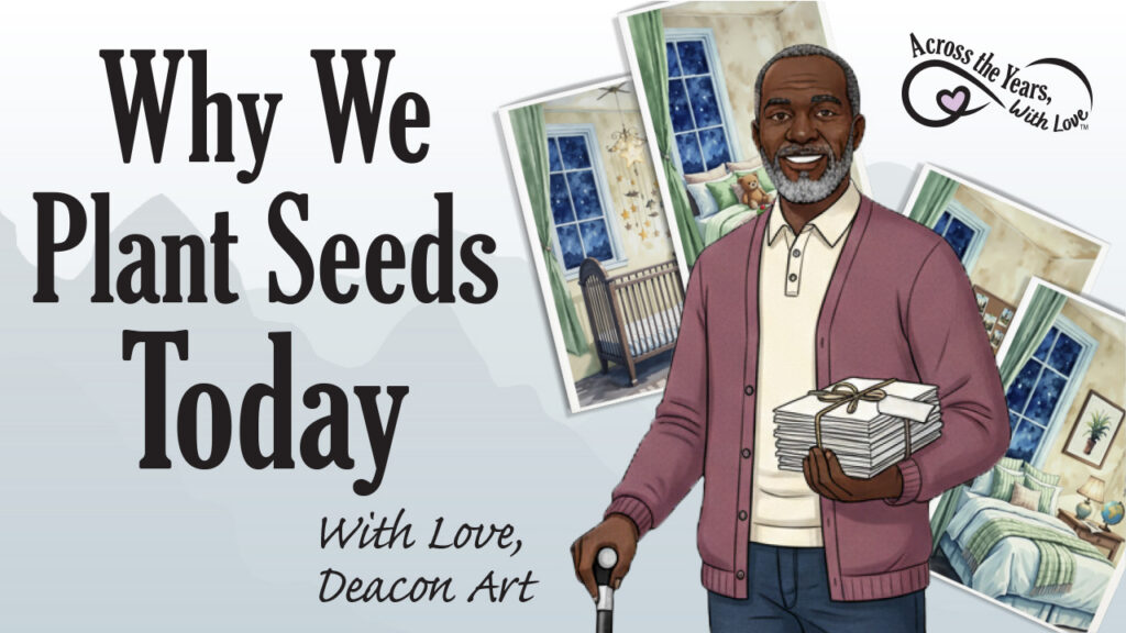 Text says, "Why We Plant Seeds Today. With Love, Deacon Art". There is an image of Deacon Art with the New Parent's Time Capsule Stationery in the background.