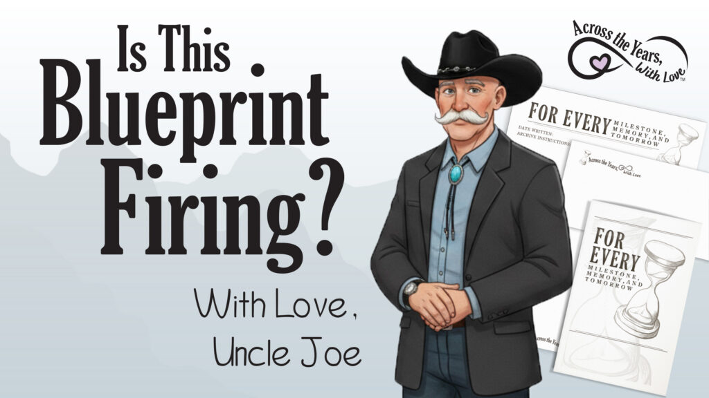Text says, "Is this blueprint firing? With Love, Uncle Joe". The image has a drawing of Uncle Joe with his black cowboy hat and a suit with bolo tie.