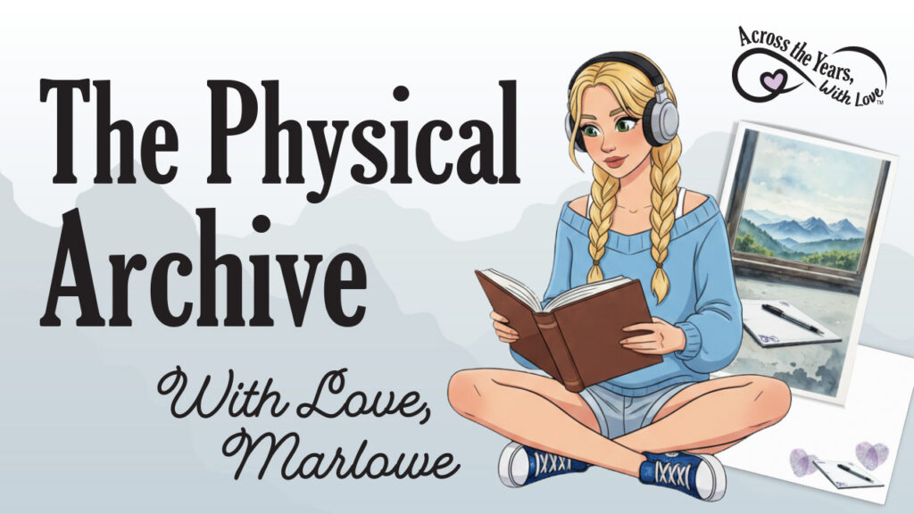Text says, "The Physical Archive. With Love, Marlowe". The image features Marlowe with headphones and a book in front of the Just for Me, Later Stationery.