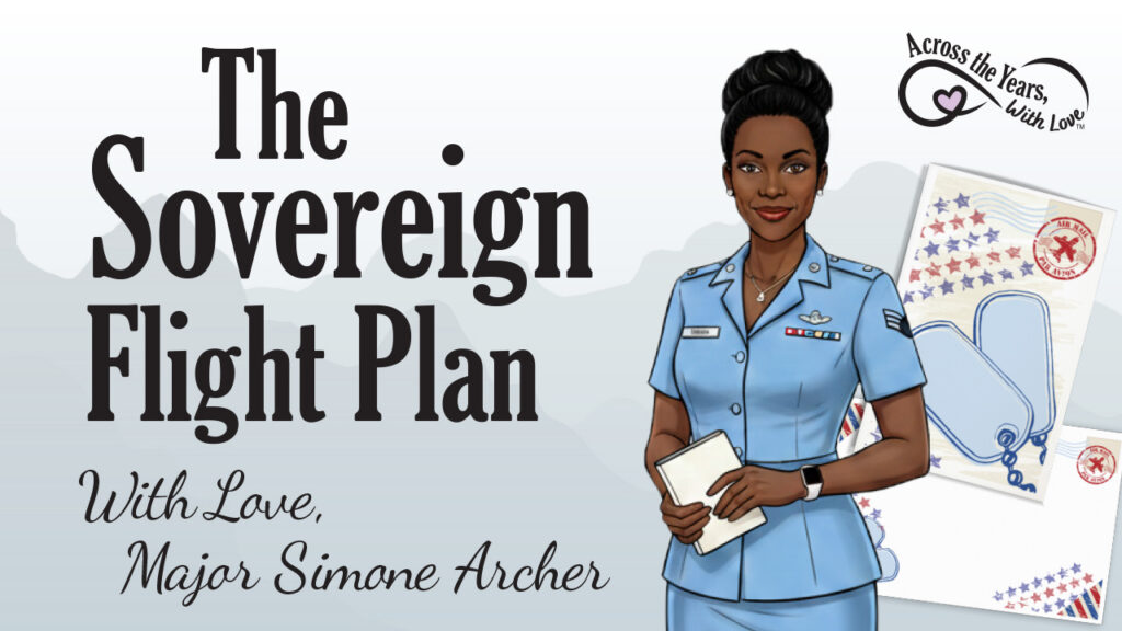 Text says, "The Sovereign Flight Plan. With Love, Major Simone Archer." Simone is shown in dress blues in front of the Service Bound Stationery.