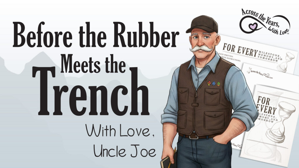 Text says, "Before the Rubber Meets the Trench. With Love, Uncle Joe." Image of Uncle Joe in front of Solid Legacy Stationery.