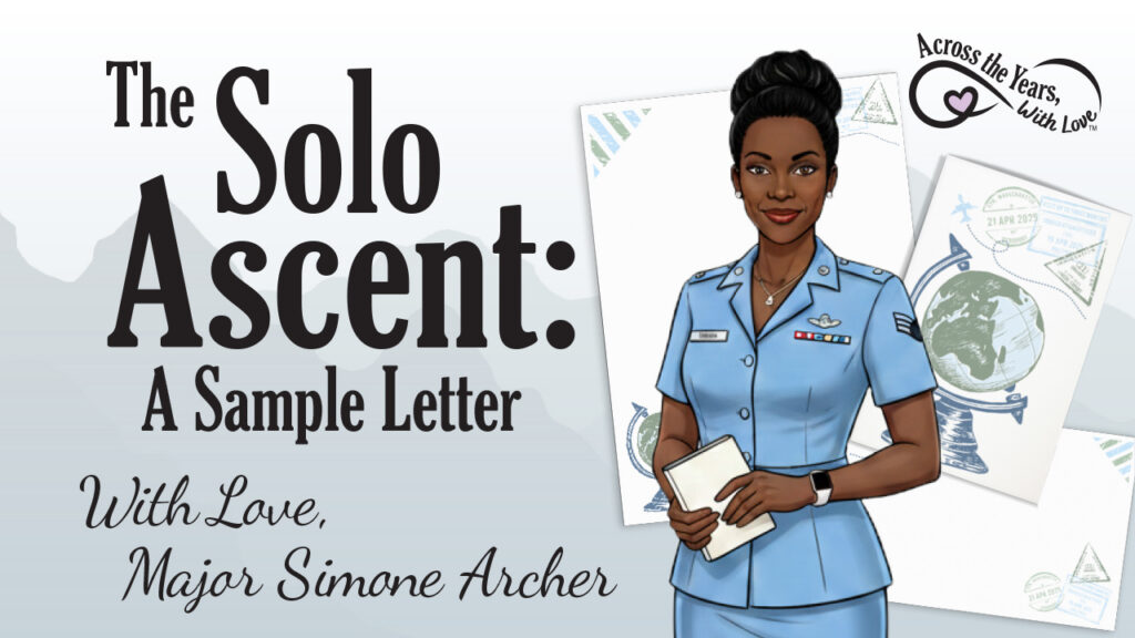 Text says, "The Solo Ascent: A Sample Letter. With Love, Major Simone Archer". Image of Simone in front of Traveler's Promise stationery.